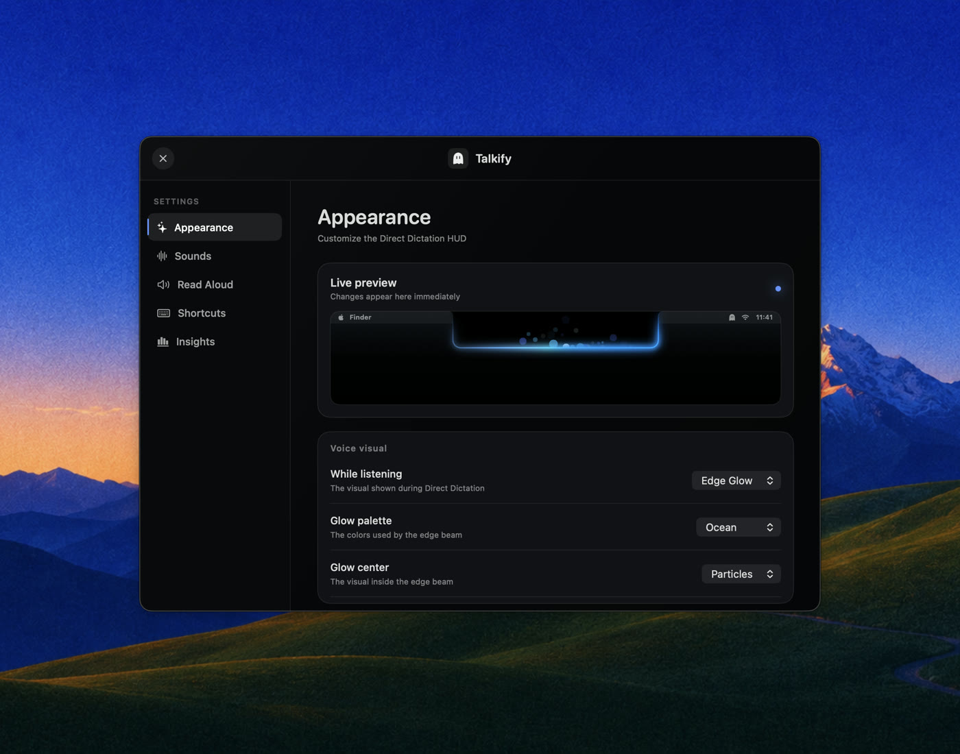 Talkify Settings, Appearance section, with a live HUD preview and voice visual pickers