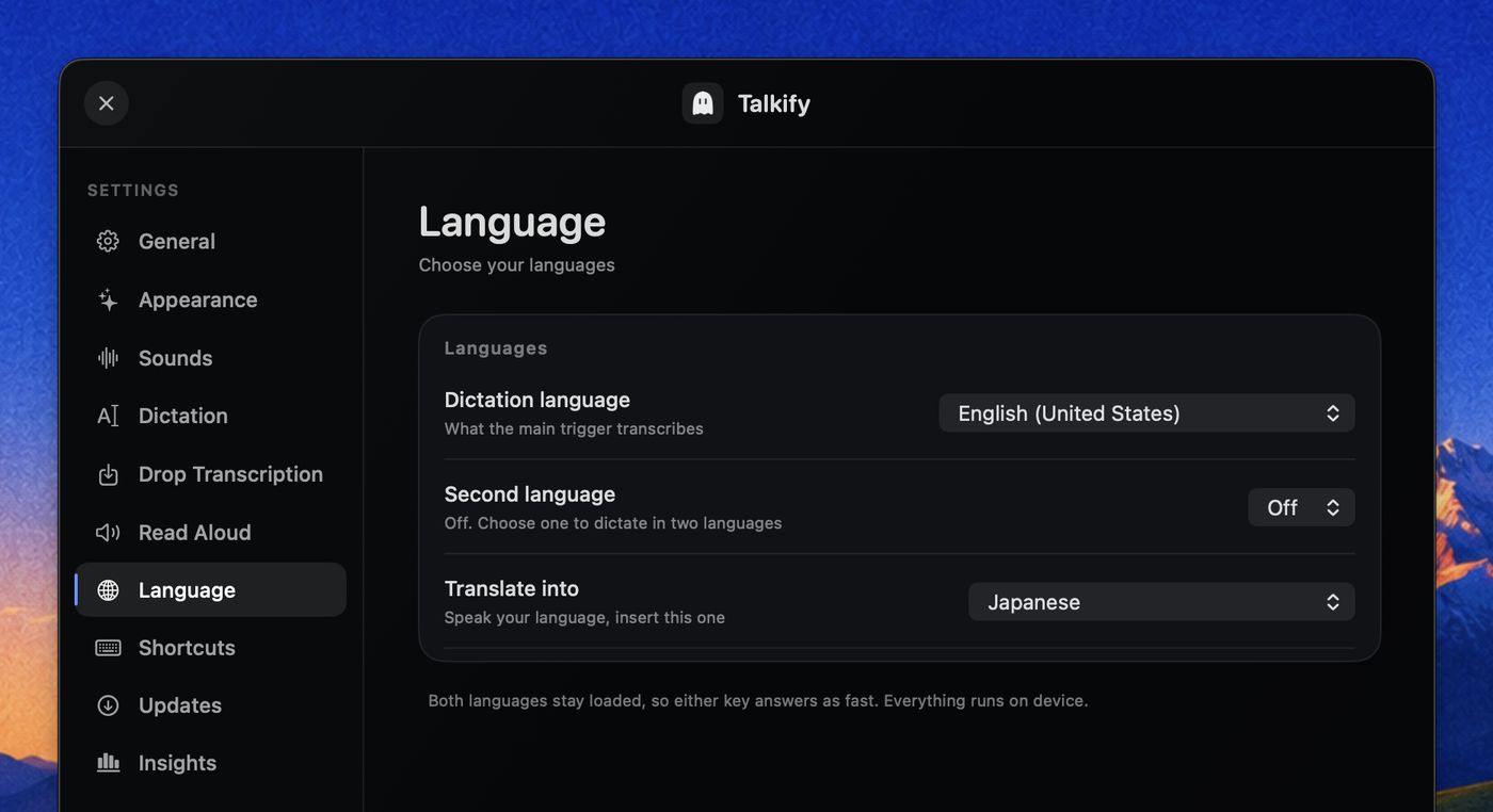 Talkify Settings, Language section: a dictation language, a second language set to Off, and Translate into set to Japanese
